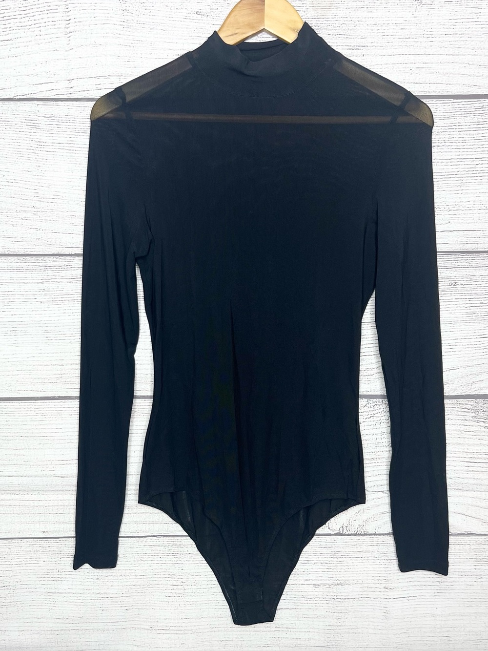Hera Collection Sheer Black Long-Sleeve Mock Neck Bodysuit Size Medium